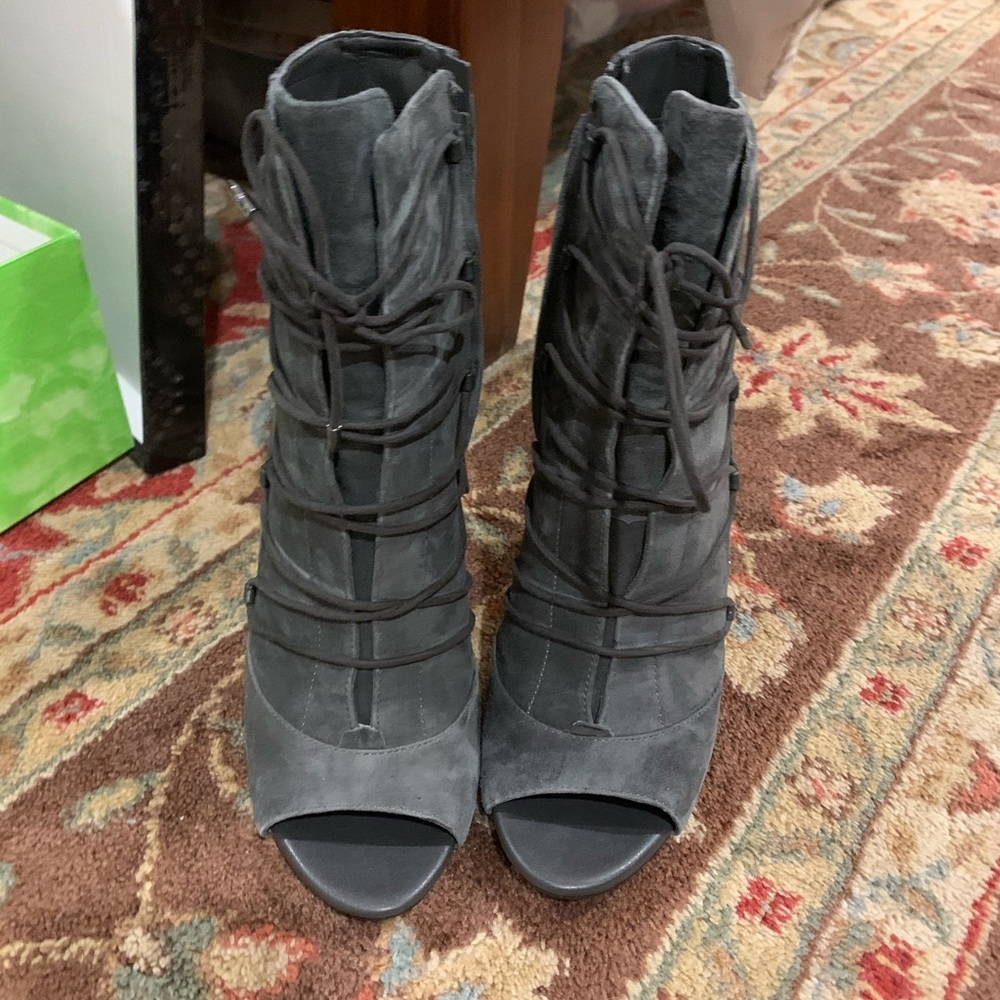 Sam Edelman Asher Dark Gray Suede Peep Toe Boots